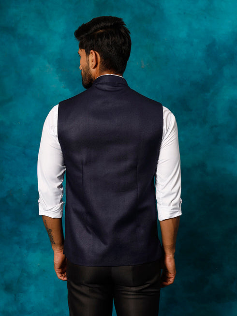 Vastramay Men's Navy Blue Woven Nehru Jacket